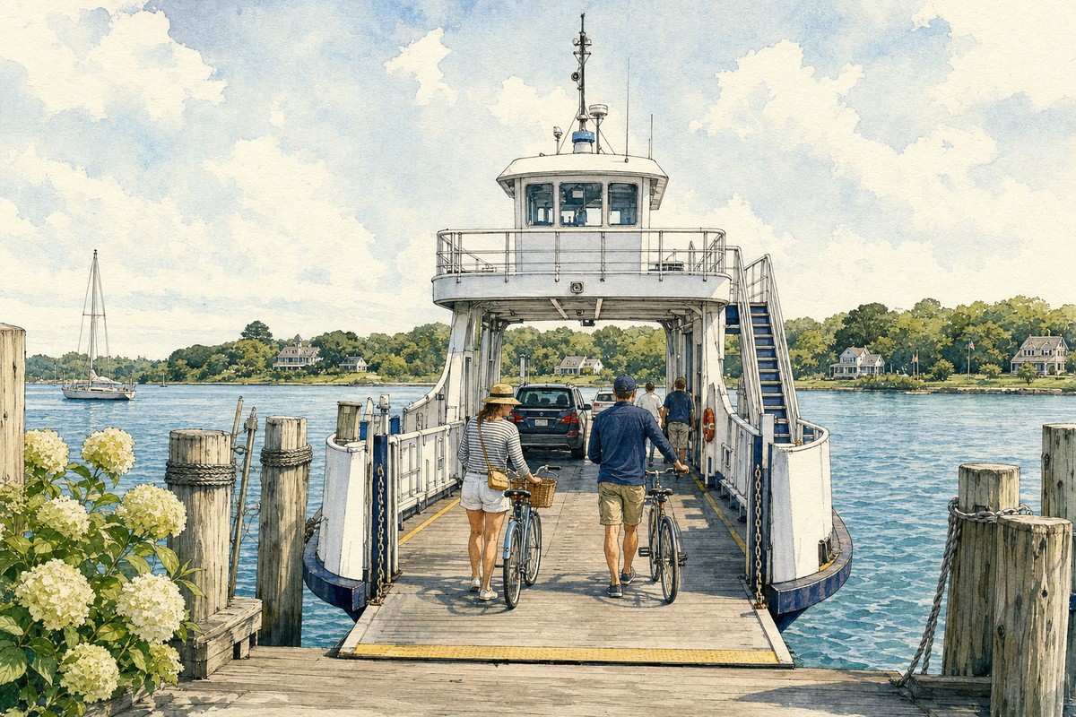 Contextual cyclists walking bicycles onto a Shelter Island-style ferry