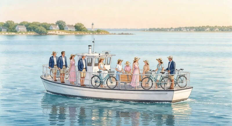 Ink watercolor illustration of the Shelter Island ferry near Sag Harbor