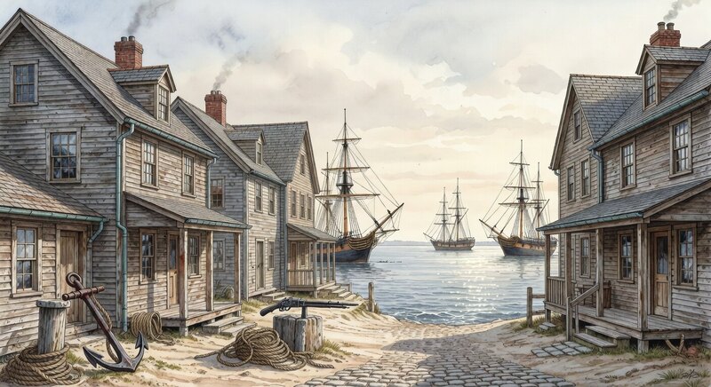 Ink watercolor illustration of Sag Harbor whaling-era village history