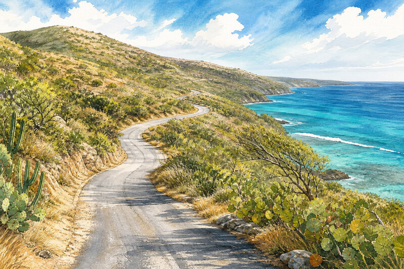 Road crossing St. Croix toward blue water