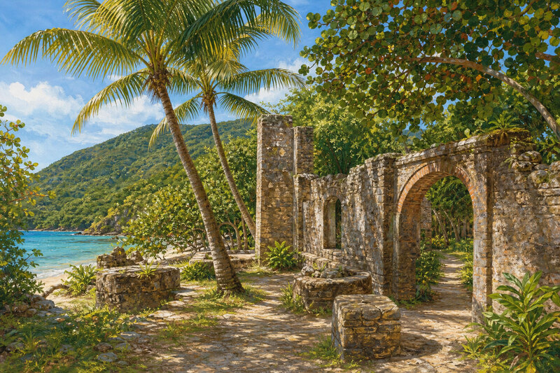 Cinnamon Bay ruins and tropical vegetation