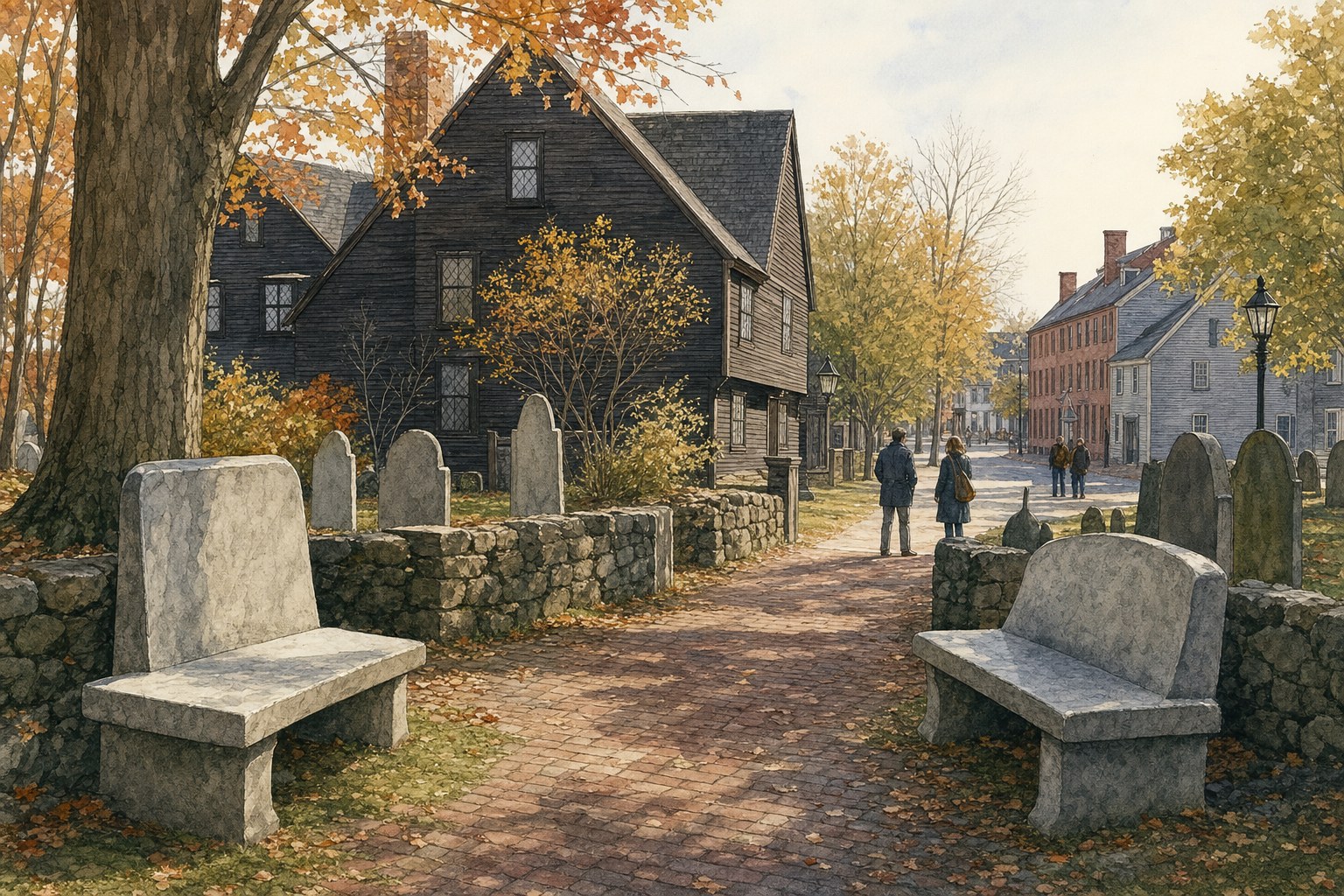 Quiet Salem memorial landscape with colonial architecture and old stonework