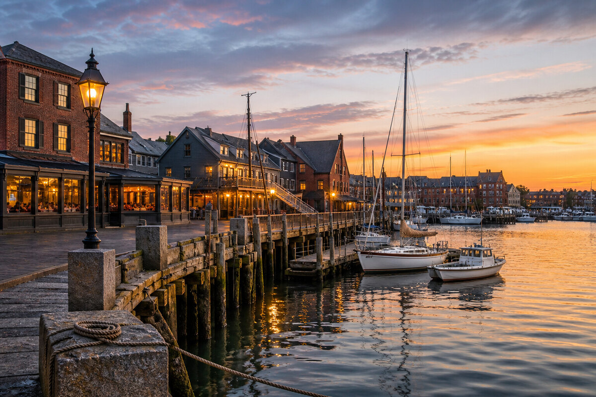 Evening light over Salem Harbor near waterfront restaurants