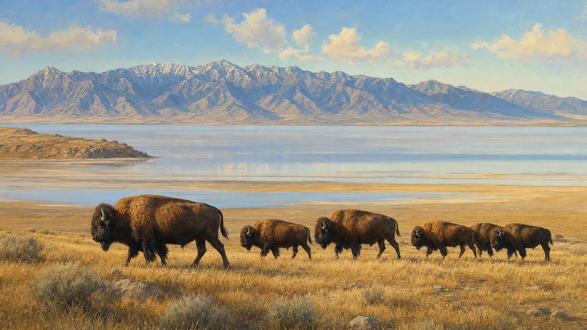 Bison crossing Antelope Island grassland above Great Salt Lake