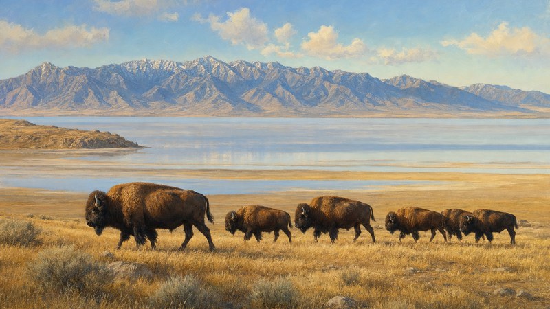 Bison crossing Antelope Island grassland above Great Salt Lake