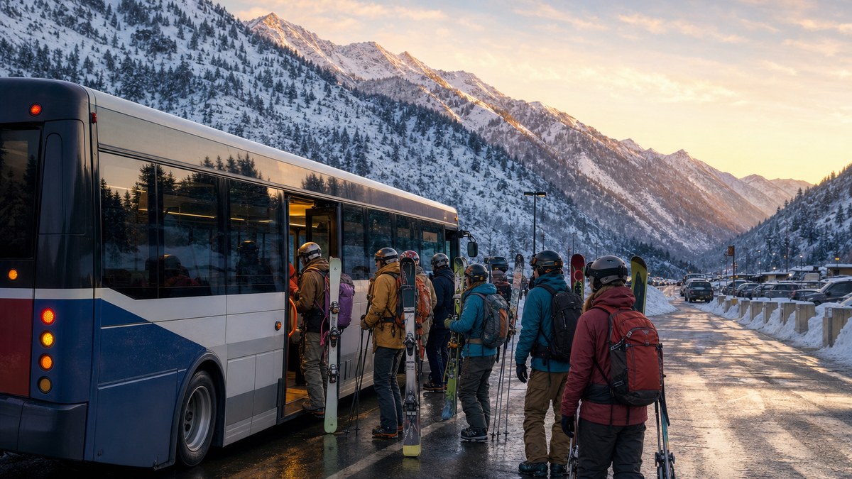 Skiers boarding a canyon ski bus below the Wasatch mountains