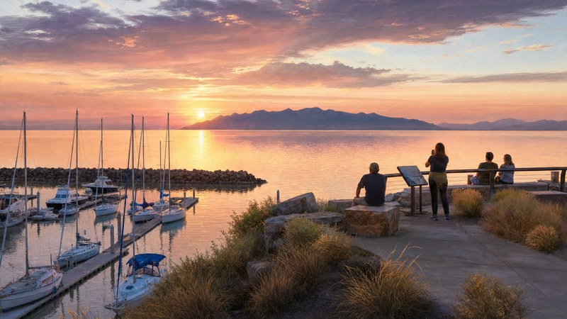 Great Salt Lake marina and public overlook at sunset