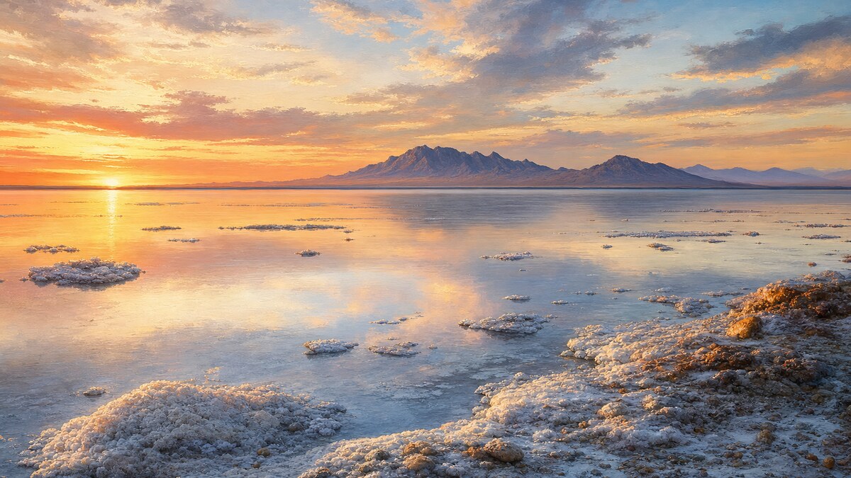 Great Salt Lake shoreline at sunset with distant island mountains