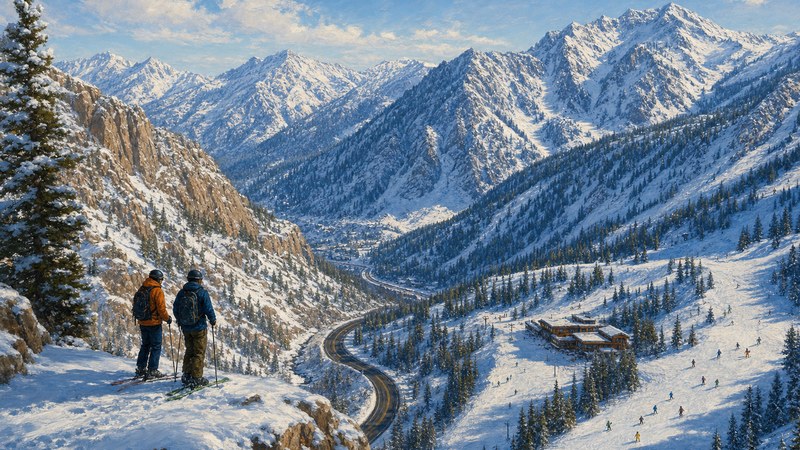 Winter terrain and canyon road in Little Cottonwood Canyon