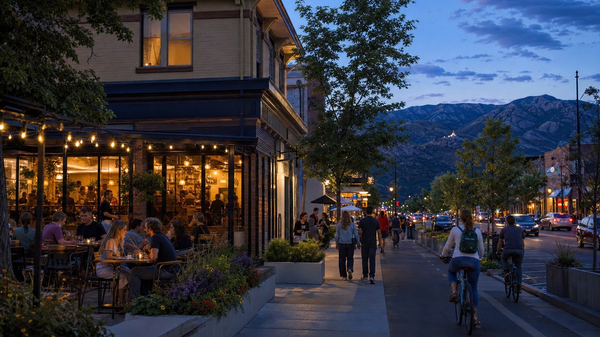Restaurant patios and pedestrians in Salt Lake City's Central Ninth neighborhood