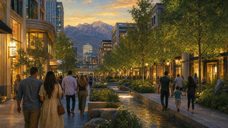 Travelers walking beside City Creek in downtown Salt Lake City at dusk