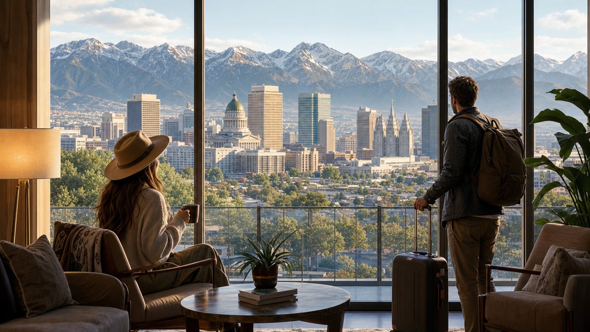 Travelers preparing for the day in a downtown Salt Lake City hotel lounge