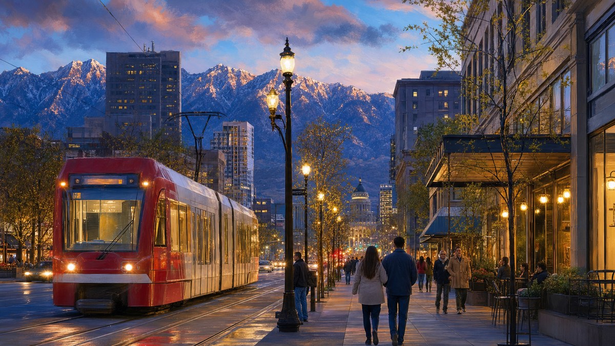 TRAX light rail and pedestrians on Main Street in downtown Salt Lake City at dusk