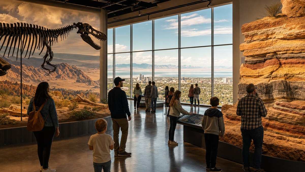 Visitors exploring a Utah natural history gallery above the Salt Lake valley