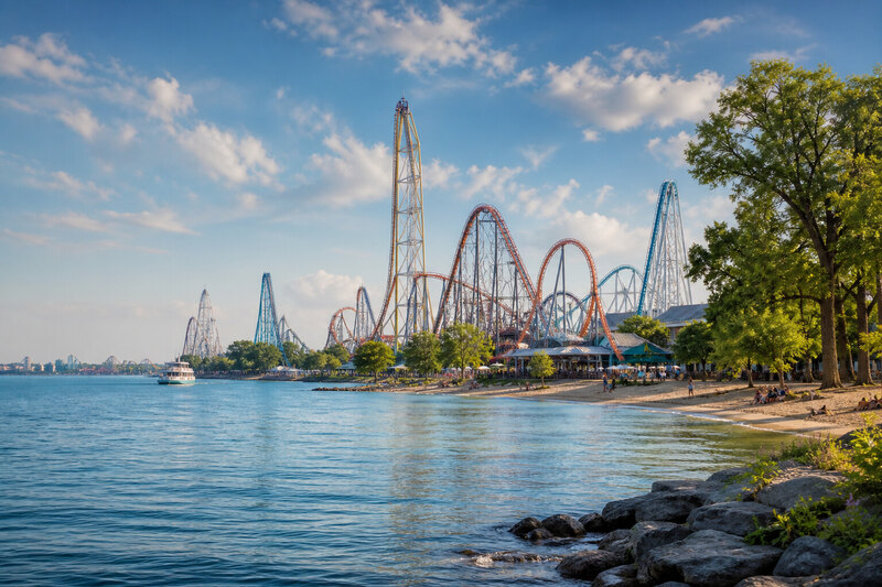 Cedar Point coaster tracks above the lakeside midway