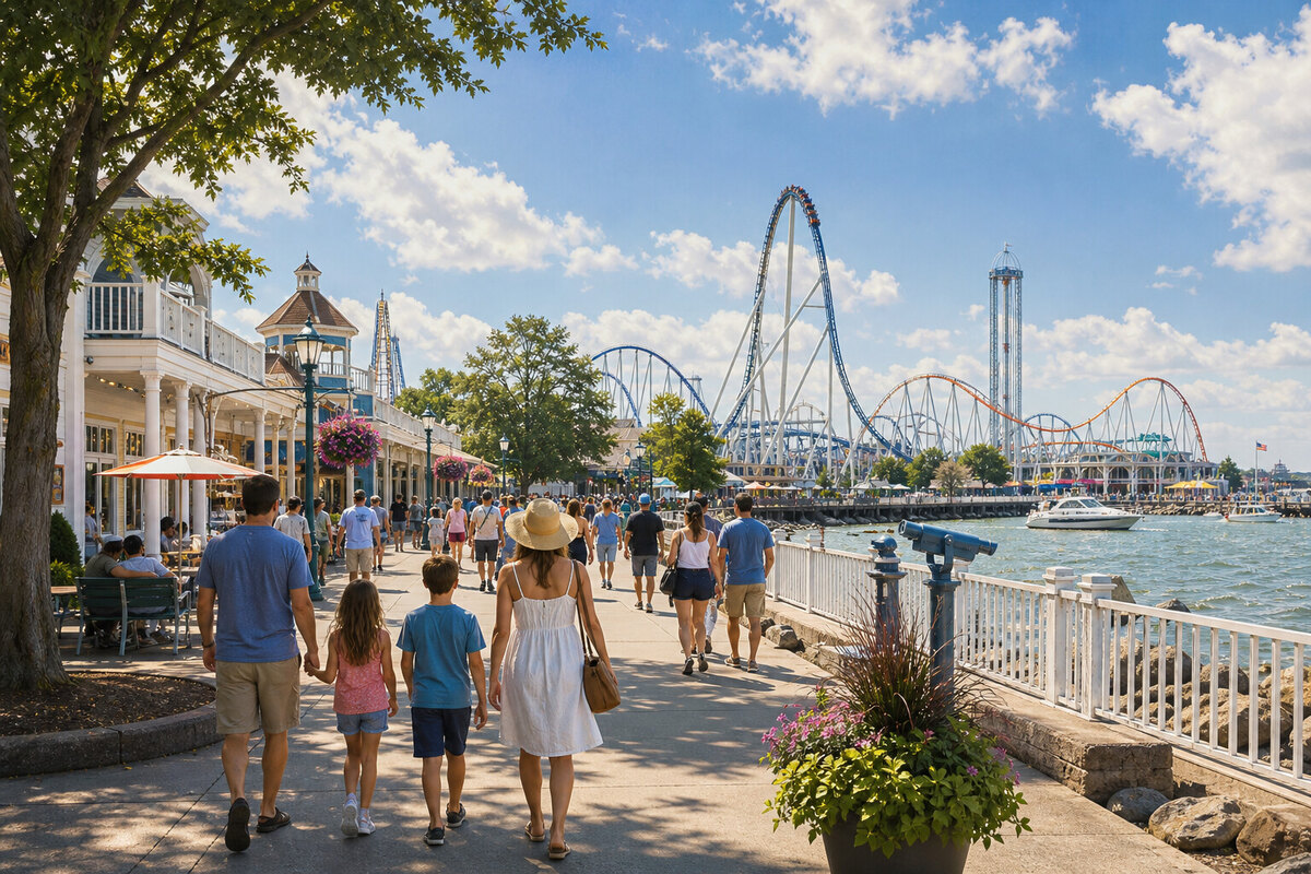 Family walking a shaded Cedar Point boardwalk