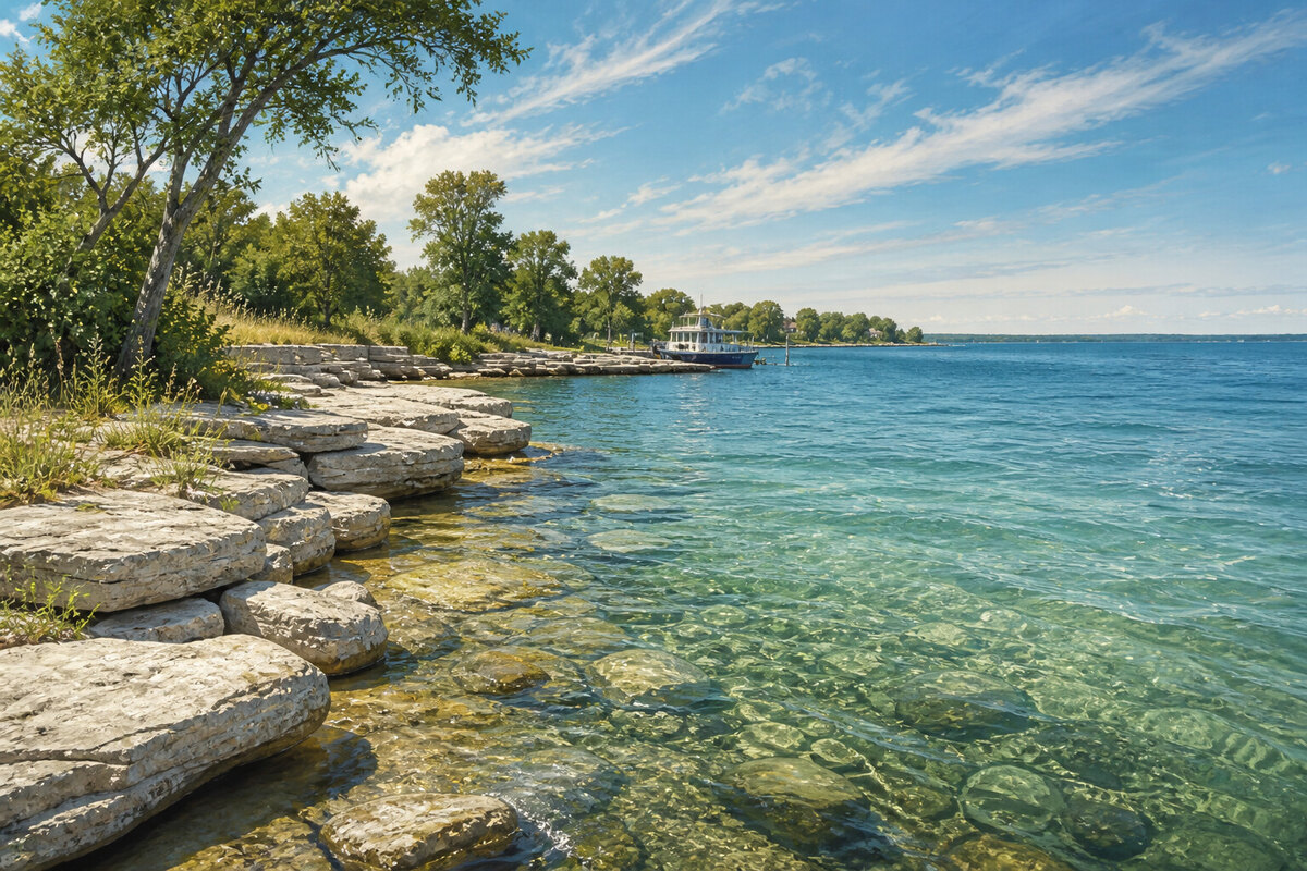 Kelleys Island limestone shore and bicycles