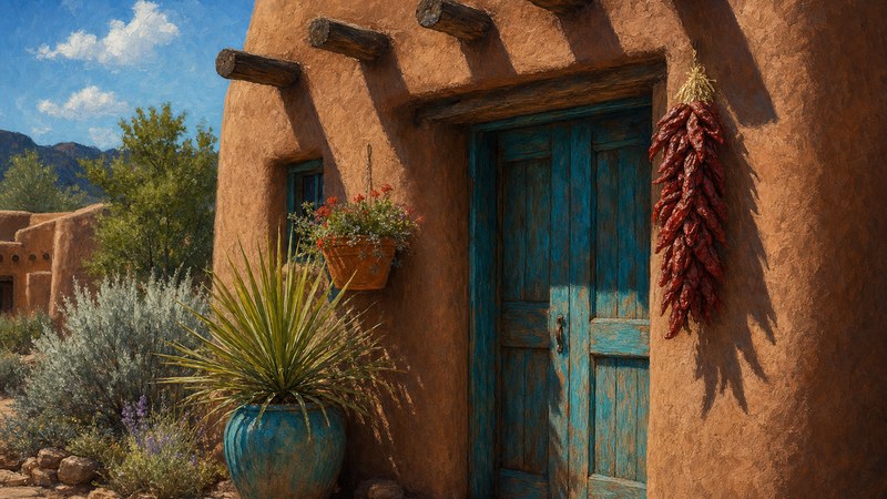 Painterly detail of rounded adobe walls and turquoise trim in Santa Fe