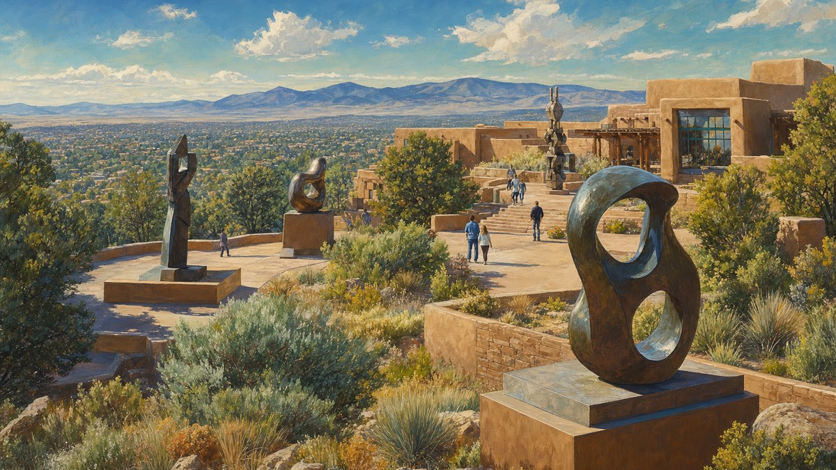 Sculpture and museum buildings on Museum Hill in Santa Fe