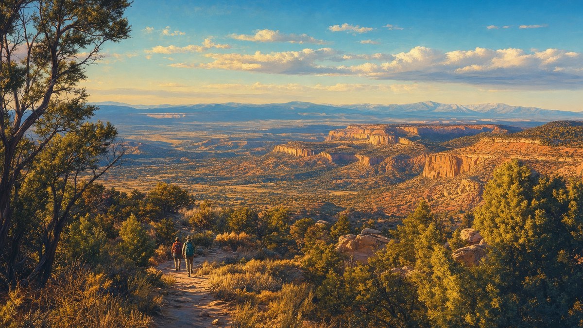 High-desert overlook toward the Sangre de Cristo Mountains near Santa Fe