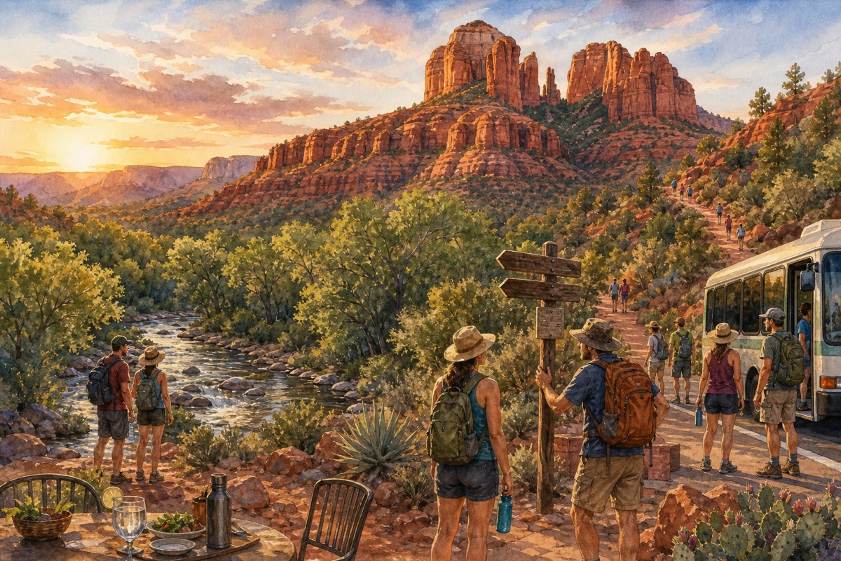 Watercolor illustration of Cathedral Rock shuttle, creek view, and trail timing in Sedona