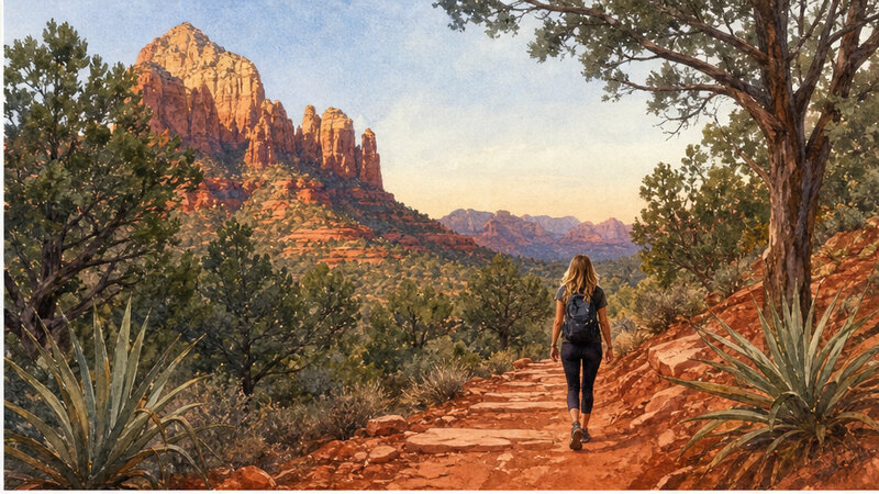 Watercolor hiker approaching Cathedral Rock in Sedona Arizona