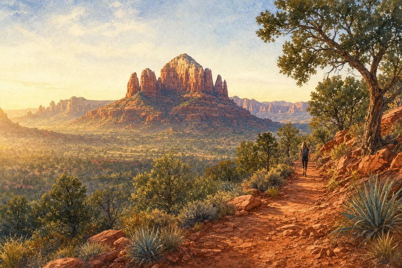 Watercolor hiker approaching Cathedral Rock in Sedona Arizona