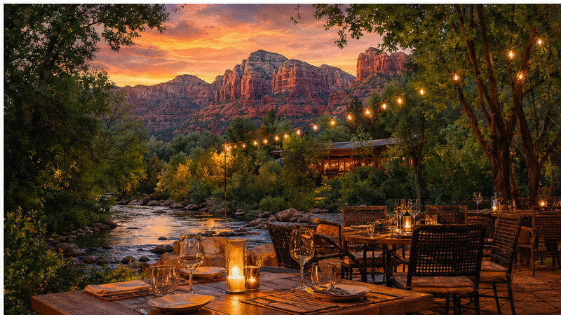 Watercolor Oak Creek evening patio in Sedona Arizona