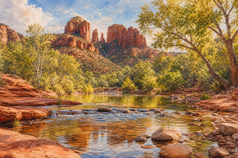 Watercolor Oak Creek evening patio in Sedona Arizona