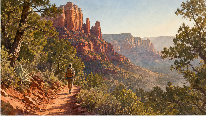 Watercolor hiker on a Sedona red dirt trail