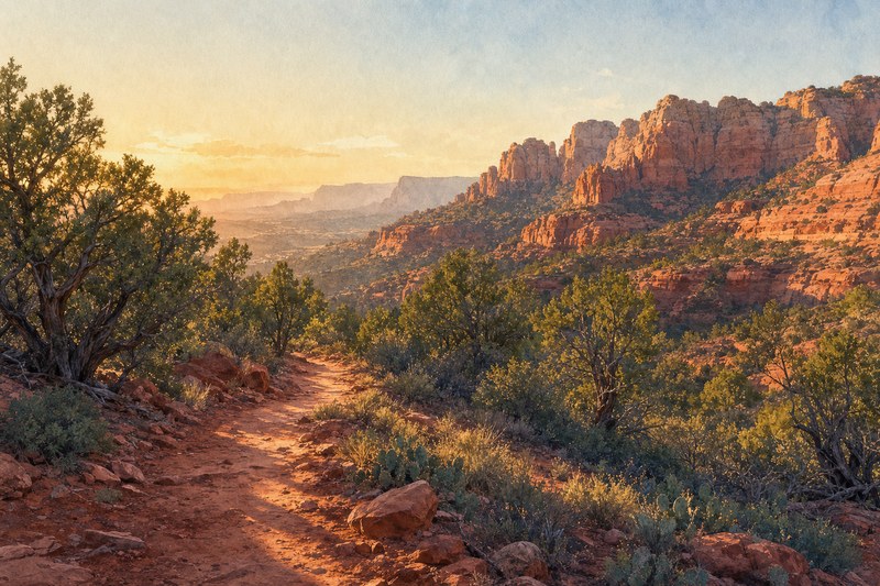Watercolor hiker on a Sedona red dirt trail