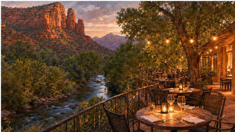 Watercolor Oak Creek dinner patio in Sedona Arizona