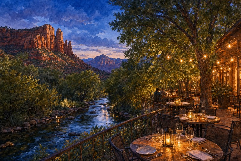 Watercolor Oak Creek dinner patio in Sedona Arizona