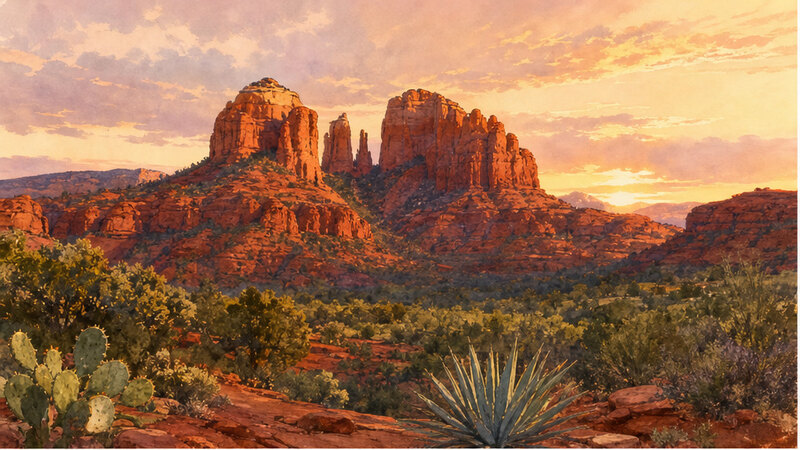 Watercolor red rock sunset in Sedona Arizona