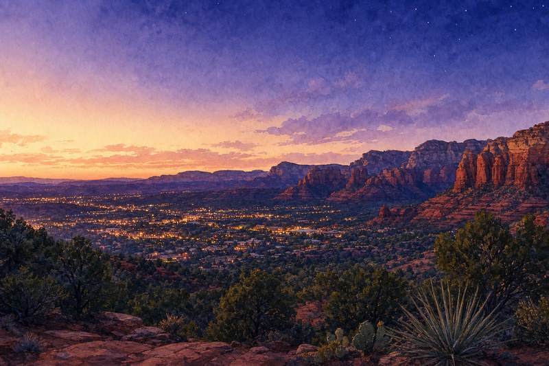 Watercolor red rock sunset in Sedona Arizona