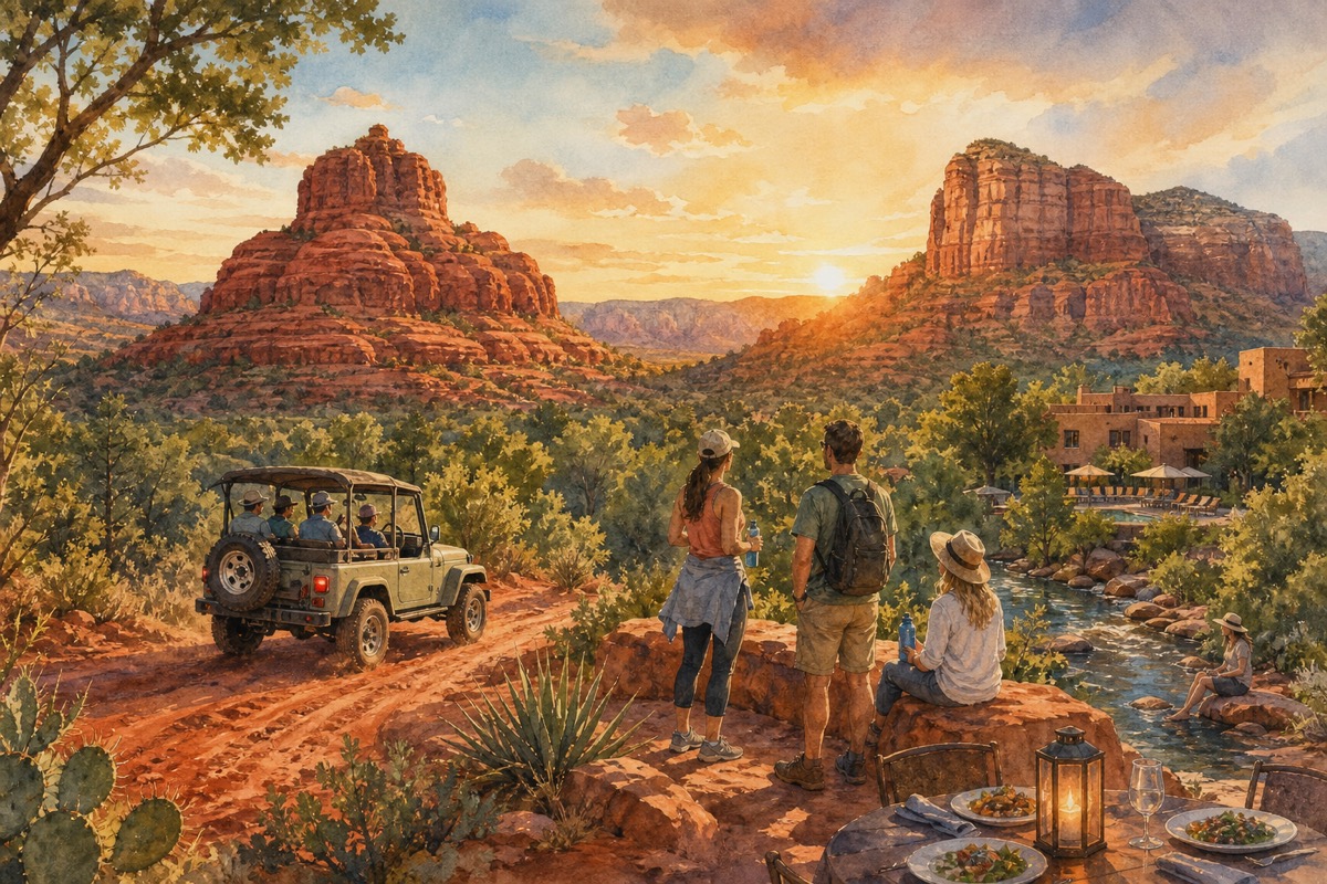 Watercolor illustration of a Sedona red rock weekend with jeep route, creek break, and dinner timing