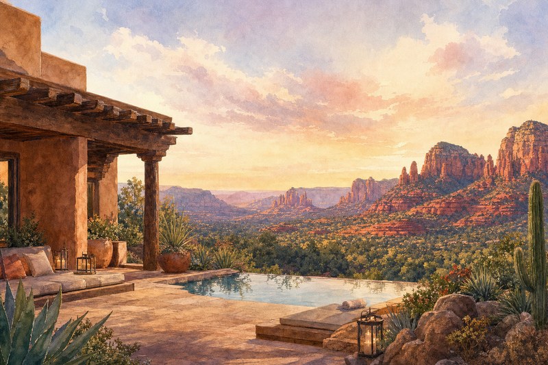 Watercolor Sedona resort terrace with red rock views