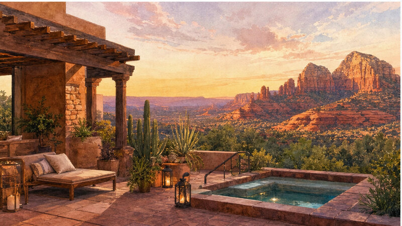 Watercolor Sedona resort terrace with red rock views