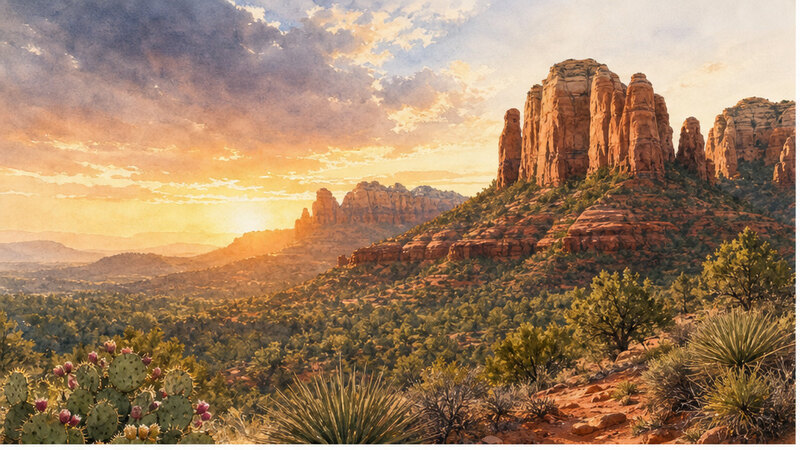 Watercolor scenic red rock arrival road near Sedona Arizona