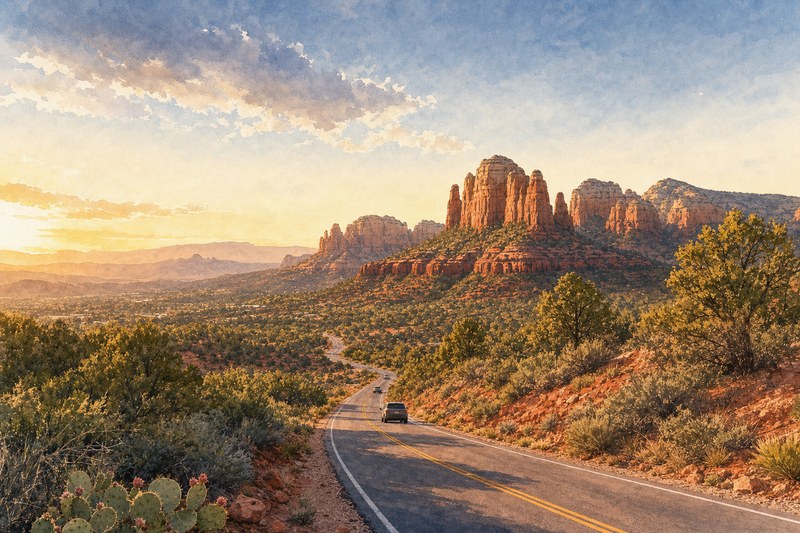 Watercolor scenic arrival road near Sedona Arizona