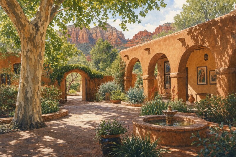 Contextual watercolor of a shaded Sedona arts courtyard