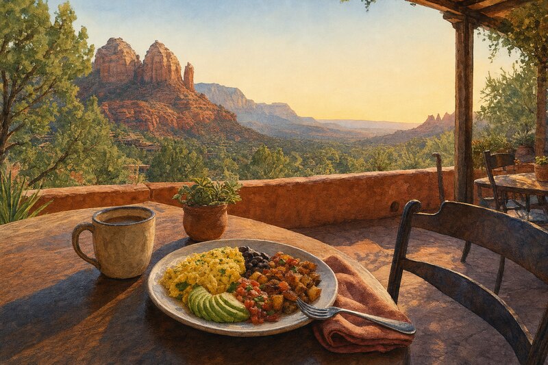 Contextual watercolor of breakfast on a West Sedona patio