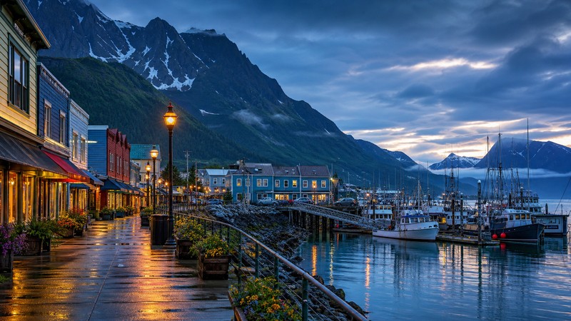 Seward Alaska downtown harbor at blue hour after rain
