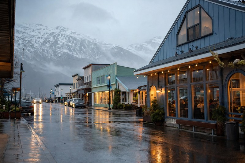 Rainy downtown Seward Alaska storefronts