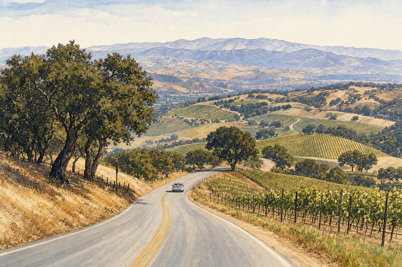 Contextual Santa Ynez Valley road through vineyards and oak-covered hills