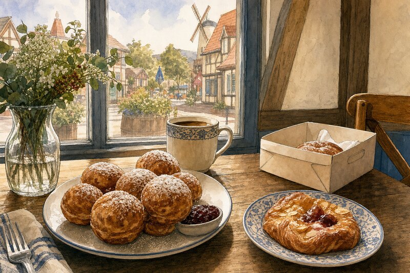 Contextual Solvang bakery breakfast with aebleskiver, pastry, and coffee