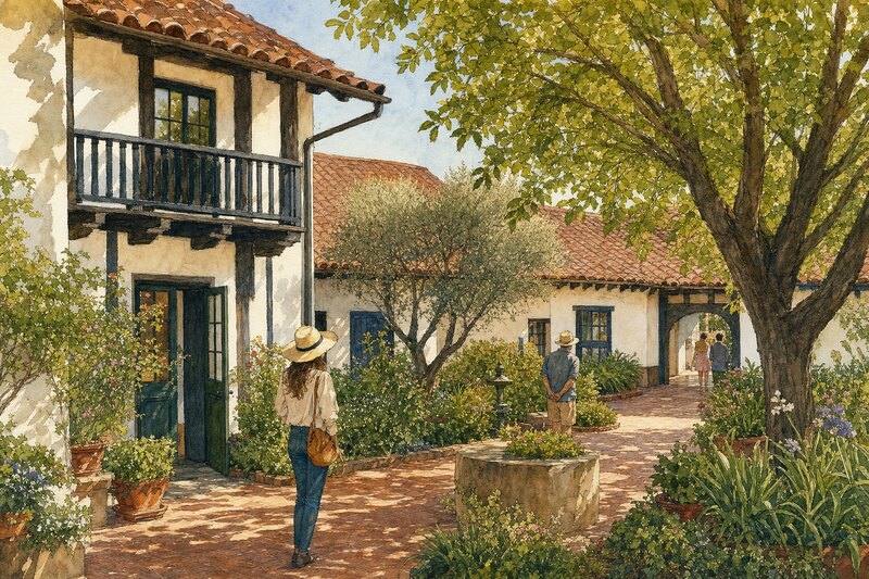 Contextual Danish-American heritage courtyard in Solvang