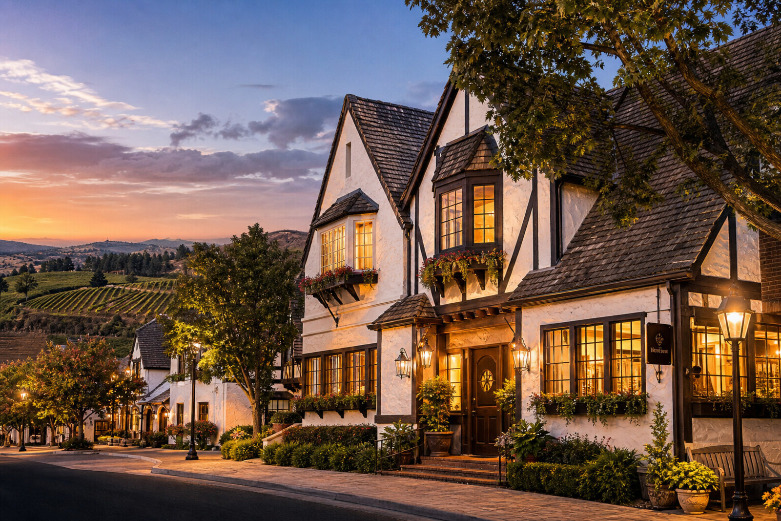 Ink watercolor evening inn in Solvang