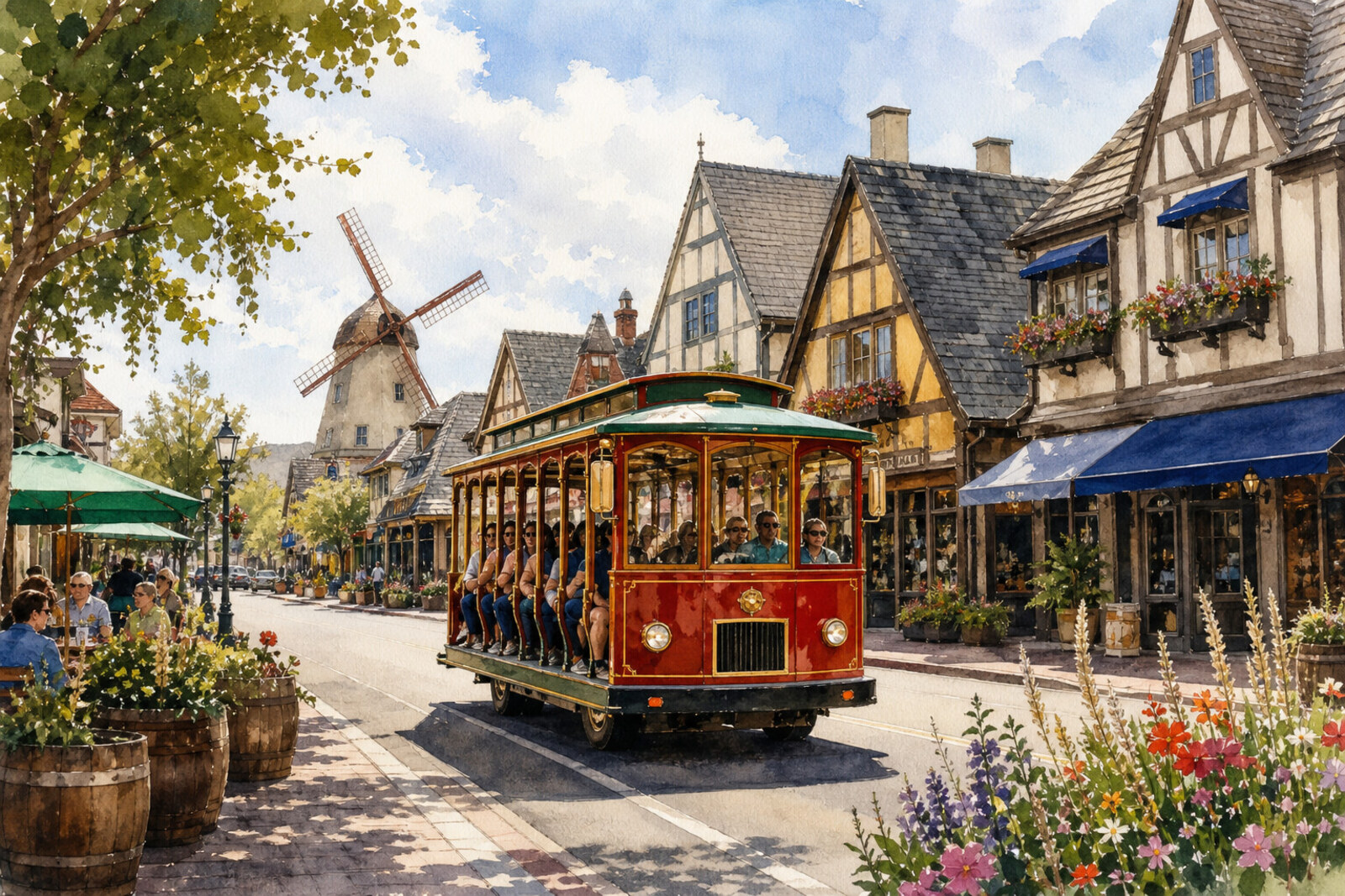 Ink watercolor Solvang trolley street