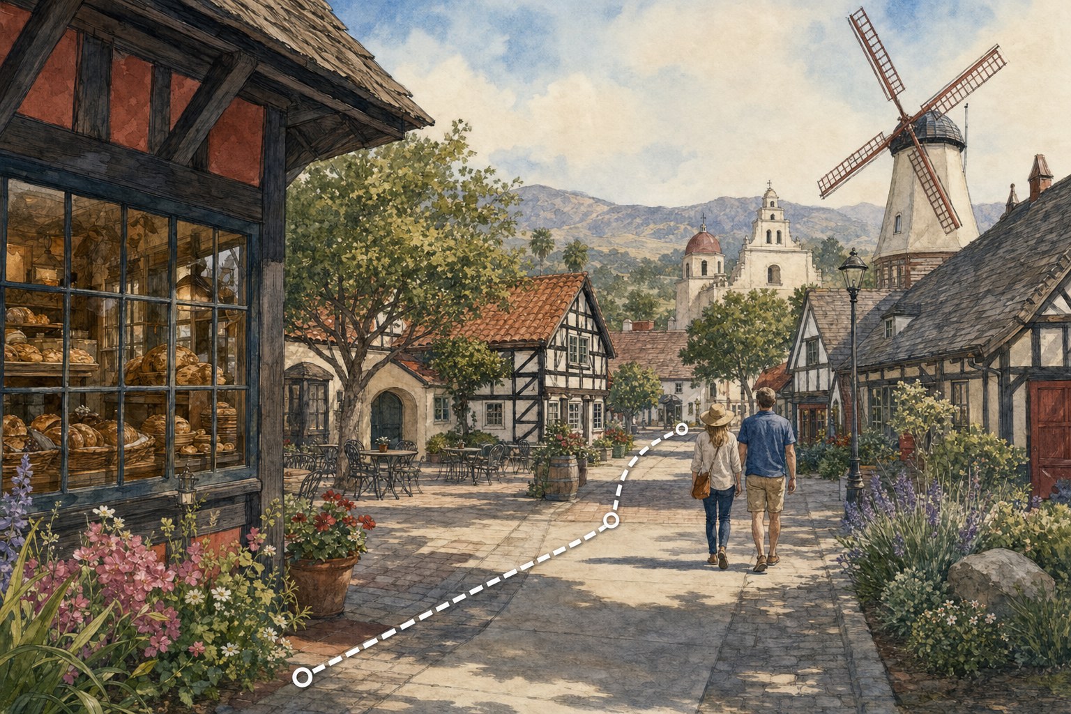 Solvang village walking route through Danish-inspired streets toward Old Mission Santa Inés